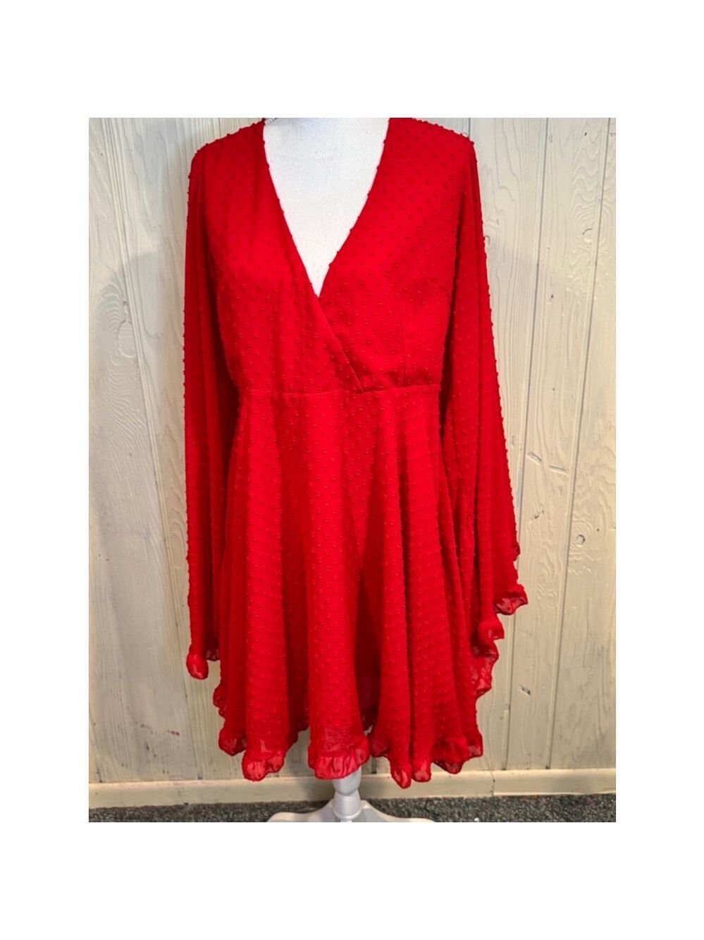 Boohoo Red Chiffon Skater Mini Dress Wide Sleeve Medium